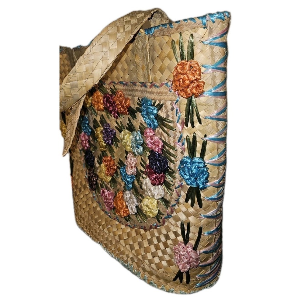 Vintage Embroided‎ Floral Raffia Straw Beach Market Tote Bag Lined Summer Beach - Picture 6 of 13